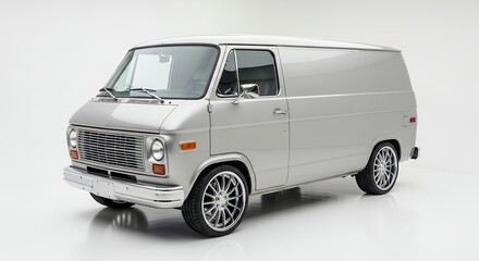 Classic silver van on white background perfect for commercial transportation concepts