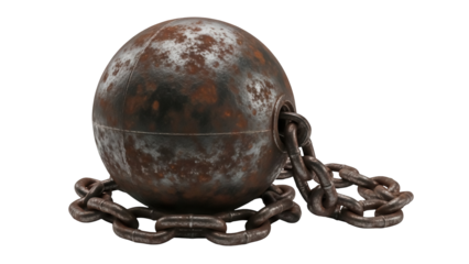Rusty iron ball and chain PNG isolated, medieval shackle for prisoner restraint and punishment, ancient dungeon prop