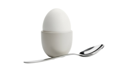 Soft boiled egg in egg cup with spoon isolated PNG, breakfast food on transparent background for healthy eating and recipe design
