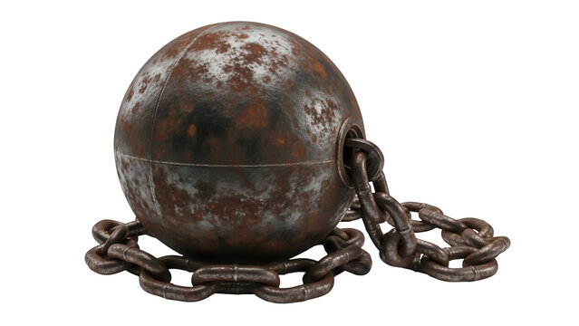Rusty iron ball and chain PNG isolated, medieval shackle for prisoner restraint and punishment, ancient dungeon prop