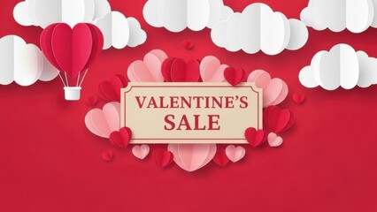 Valentine Promo Banner: Hot air balloon heart and paper hearts frame on red background with white clouds for retail