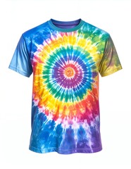 Vibrant Colorful Tie-Dye T-Shirt with a Rainbow Spiral Pattern.