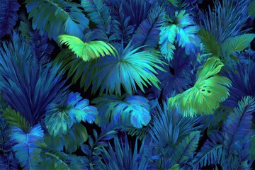 Lush Tropical Foliage Seamless Pattern with Green and Blue Hues Against Dark Background Dense Jungle Canopy Abundant Plant Life Exotic Flora