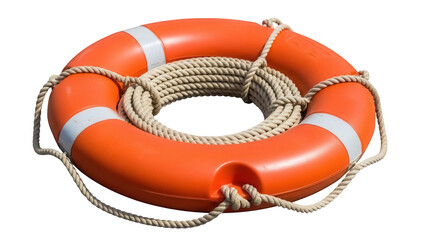 Orange life buoy with rope isolated PNG, safety equipment for swimming pools and boats on transparent background