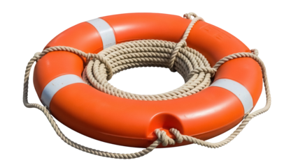 Orange life buoy with rope isolated PNG, safety equipment for swimming pools and boats on transparent background