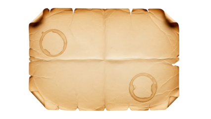 Old paper sheet isolated PNG with coffee stains, vintage parchment for treasure map or antique document on transparent background