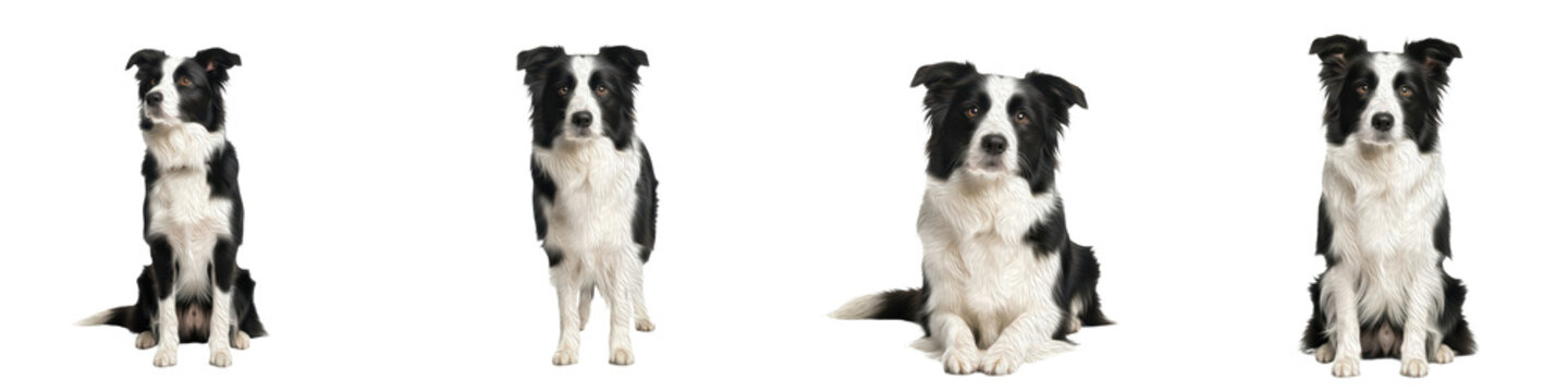 Border Collie Dog Set Isolated in Different Poses, Intelligent Black and White Herding Breed Pet Oil Paint White Background PNG