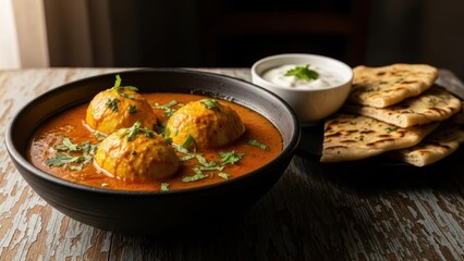 Authentic Indian Cuisine: Spicy egg curry in black bowl served with fresh naan bread and yogurt dip for traditional dining