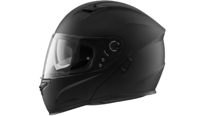 Matte black motorcycle helmet PNG isolated on transparent background, protective headgear for riders and motorsports enthusiasts