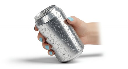 Close up of hand holding a cold beverage can with condensation droplets