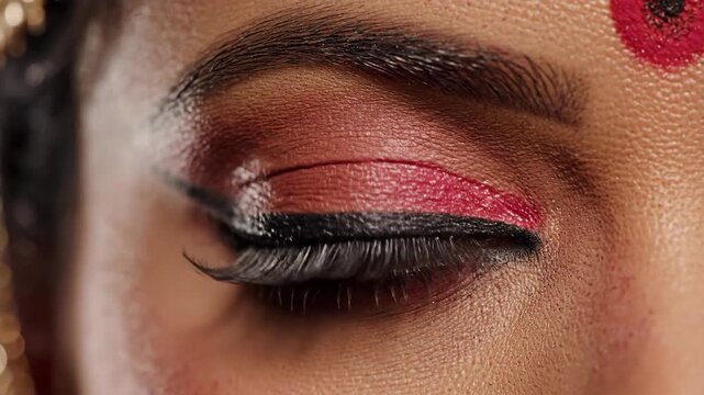 Close Up Extreme Macro Of A Woman's Brown Eye With Dramatic Glittery Makeup And Red Bindi Dot On Forehead Under Soft Lighting Conditions