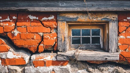 Distressed Red Brick Wall Featuring a Rustic Wooden Window with Peeling Paint and Weathered Texture Showing Decaying Architecture