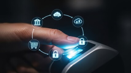 Secure Biometric Payment: Person using fingerprint scanner with digital icons for banking and online shopping safety