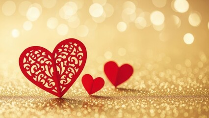 Gilded Romance Background: Red laser-cut paper heart on glittering gold bokeh surface for luxury valentine design