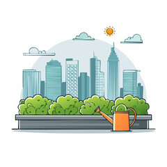 Vector illustration of an urban rooftop garden with green plants and a watering can against a city skyline. Represents eco-friendly city living and sustainable agriculture. Generative AI