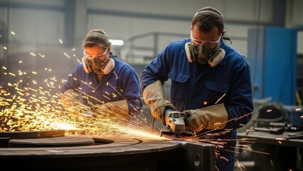 Precision Metal Grinding: Male and female factory workers using angle grinders with intense sparks in industrial workshop