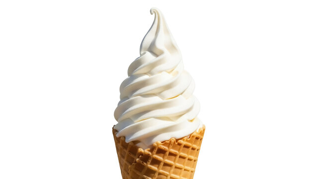 Vanilla soft serve ice cream in a waffle cone isolated PNG, sweet dessert treat on transparent background for summer and party designs