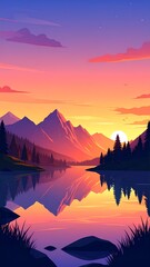 Vibrant Sunset over Mountain Lake with Forest Reflection.