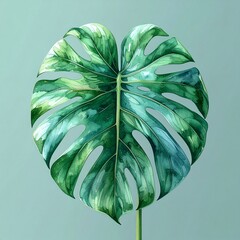 Vibrant watercolor illustration of a single monstera leaf against a serene teal background, showcasing tropical beauty and artistic detail.