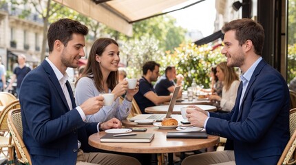Three business associates enjoy coffee and conversation at an outdoor cafe.