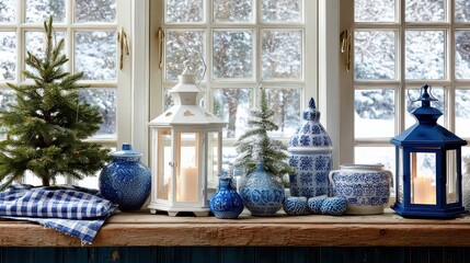 Festive Winter Scene with Blue and White Porcelain and Snowy Window View with Three Lanterns and Small Christmas Trees on Wooden Surface