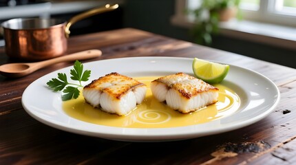 Delicious pan-seared fish fillets with citrus sauce and fresh herbs on plate