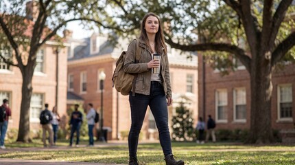 A confident female student walks across a university campus carrying a backpack.