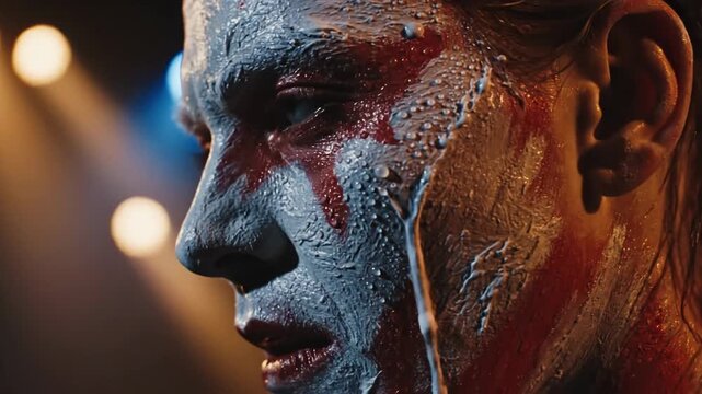 Close Up Profile Of A Person With Face Paint In Dramatic Lighting Showing Red And White Abstract Designs Dripping Down The Face And Sparkles Reflecting Light With A Slightly Out Of Focus Background