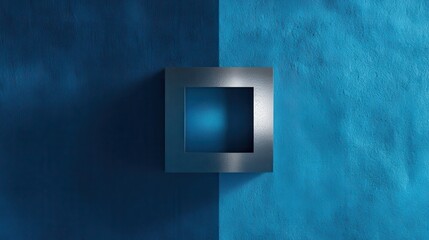 Geometric Composition Featuring a Square on Split Textured Blue Background under Soft Lighting and Depths