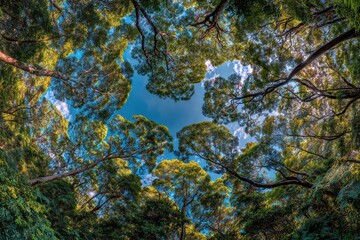Looking Up At Green Forest Canopy With Blue Sky In Daytime