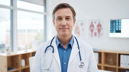A friendly male doctor smiles directly at the camera in his office.