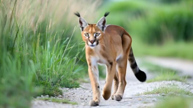 A caracal cat strides down a dirt path, flanked by tall grasses. The animal looks directly at the viewer