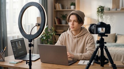 A young man is setting up his home studio for vlogging.