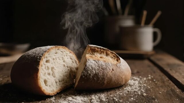A sliced loaf of warm bread emits steam, set on a rustic wooden table with cups