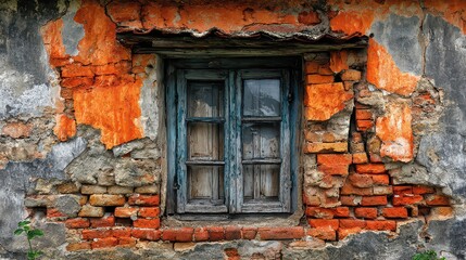 Rustic Window on Weathered Wall with Peeling Orange Paint and Exposed Brick in Natural Light