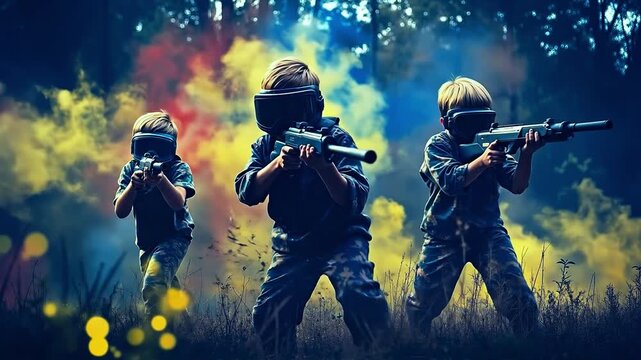 A group of children playing paintball in a field of colored powder
