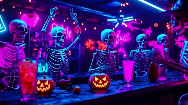 A group of skeletons sitting at a bar with drinks and pumpkins