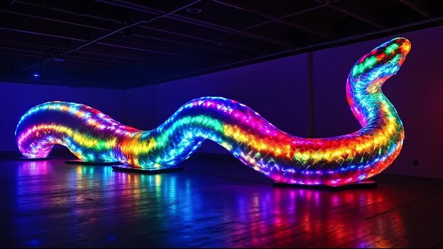 A large colorful snake sculpture in a dark room