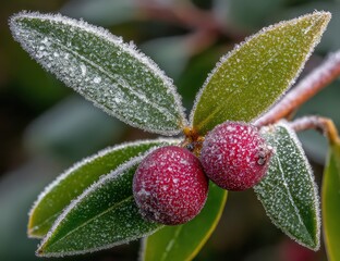 Iced Red Berries and Green Leaves on a Branch in Winter Sunlight