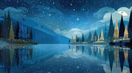 Pixelated Night Landscape with Reflective Lake Silhouetted Coniferous Trees and a Mountain Backdrop Under a Starry Sky with Reflected Shimmering Lights