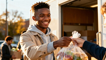 A smiling young man receives a food donation from a volunteer at a community drive. Charity, support, and humanitarian aid concept