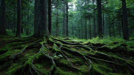 Lush Forest Floor Covered in Moss and Roots with Tall Trees and Green Foliage Under Dim Light with Overcast Sky