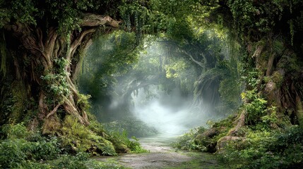 Lush Green Forest Tunnel with Sunlight Filtering Through Trees Creating a Pathway Effect and Mist in the Background