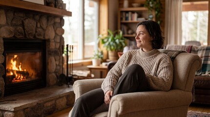 A contented woman relaxes in an armchair by a warm fireplace.