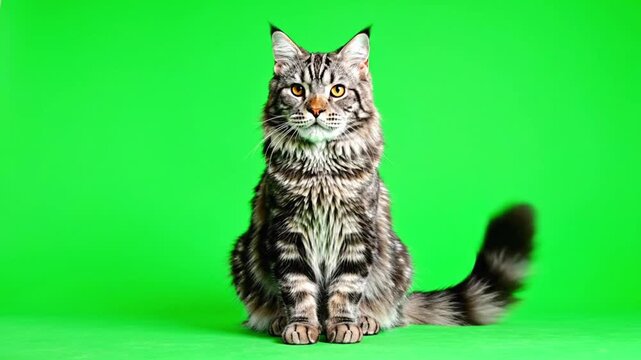 A graceful Maine Coon cat with beautiful tabby patterns sits calmly, gazing thoughtfully towards the left on a green screen background, chroma key