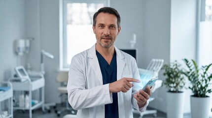 A confident doctor points to a glowing smartphone screen in a clinic.