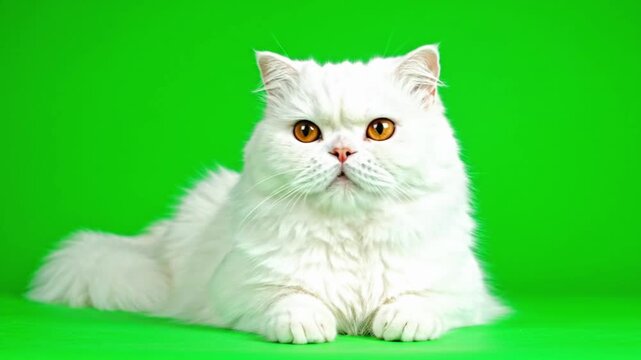 A fluffy white Persian cat with closed eyes and a slightly grumpy expression is peacefully resting on a vibrant green screen background, chroma key