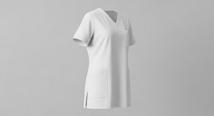 Clean White Medical Scrub Top with Pockets and Pen on Gray Background