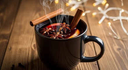 Steaming Mulled Wine with Spices and Cinnamon Sticks on Wooden Table