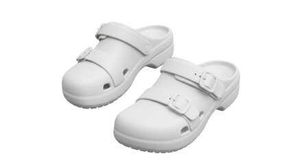 Pair of Minimalist White Rubber Clogs with Buckles on a White Background